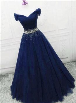 Picture of Dark Blue Beaded Tulle A-line Party Dresses, Long Prom Dresses